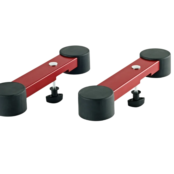 K&M red support arm for digital piano mounted on Omega stand with adjustment mechanism