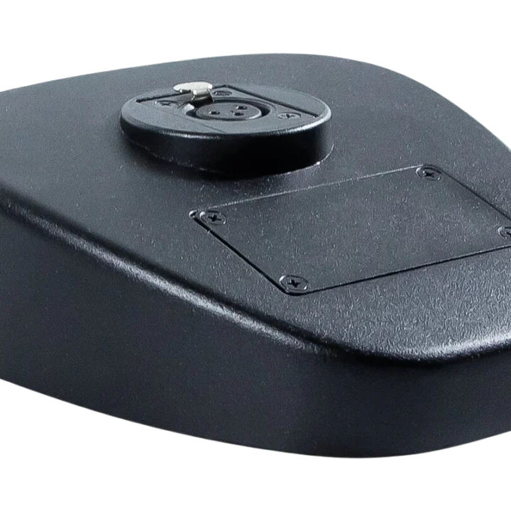 K&M black table base stand with stable weighted design for professional audio equipment mounting