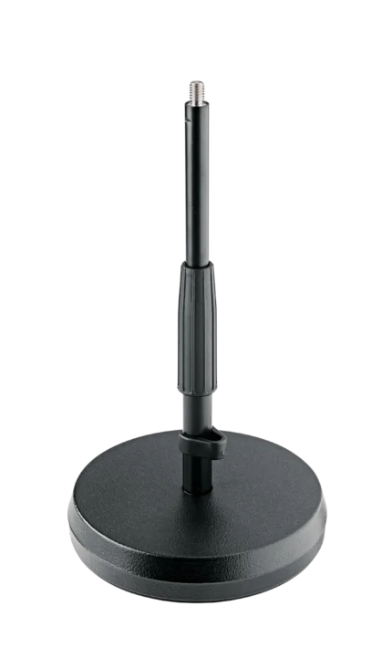 K&M black table and floor microphone stand with adjustable boom arm and weighted base