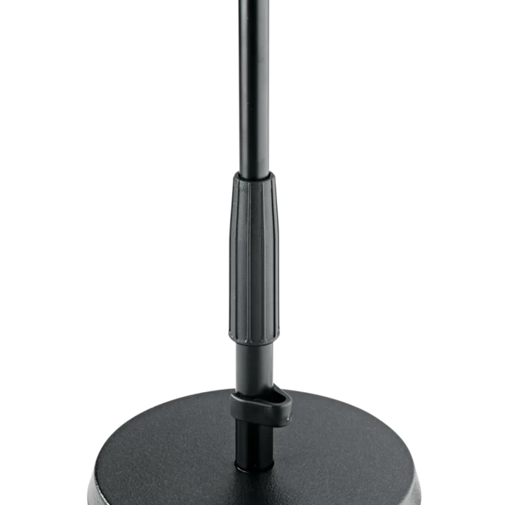 K&M black table and floor microphone stand with adjustable boom arm and weighted base