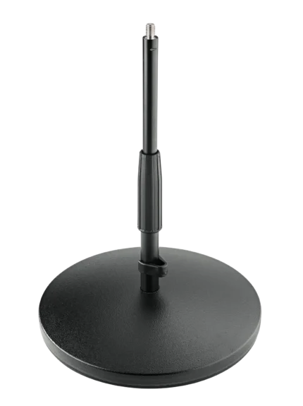 K&M black table and floor microphone stand with adjustable boom arm and weighted base