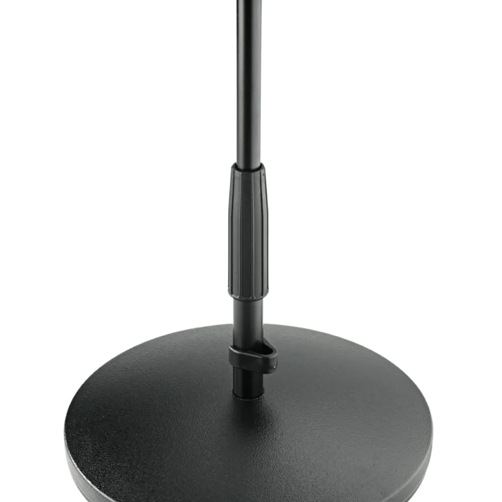 K&M black table and floor microphone stand with adjustable boom arm and weighted base