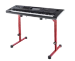 K&M red table-style keyboard stand supporting electronic keyboard in home studio environment
