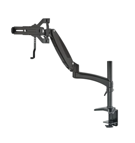 K&M tablet and PC holder with articulating arm mounted on stand showing practical studio application