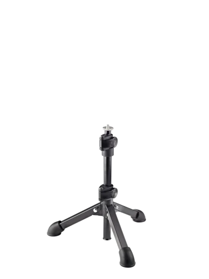 K&M tabletop microphone stand with 1/4 inch adapter, compact black design for studio recording