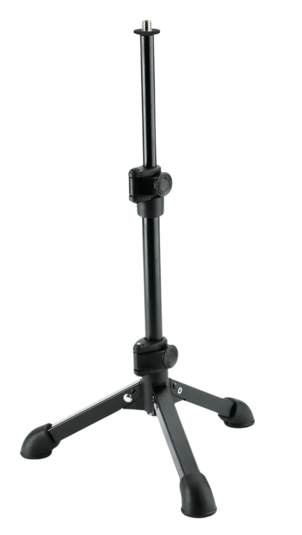K&M tabletop microphone stand with 5/8 inch adapter, black finish, front view
