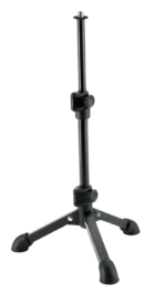 K&M tabletop microphone stand with 5/8 inch adapter, black finish, front view