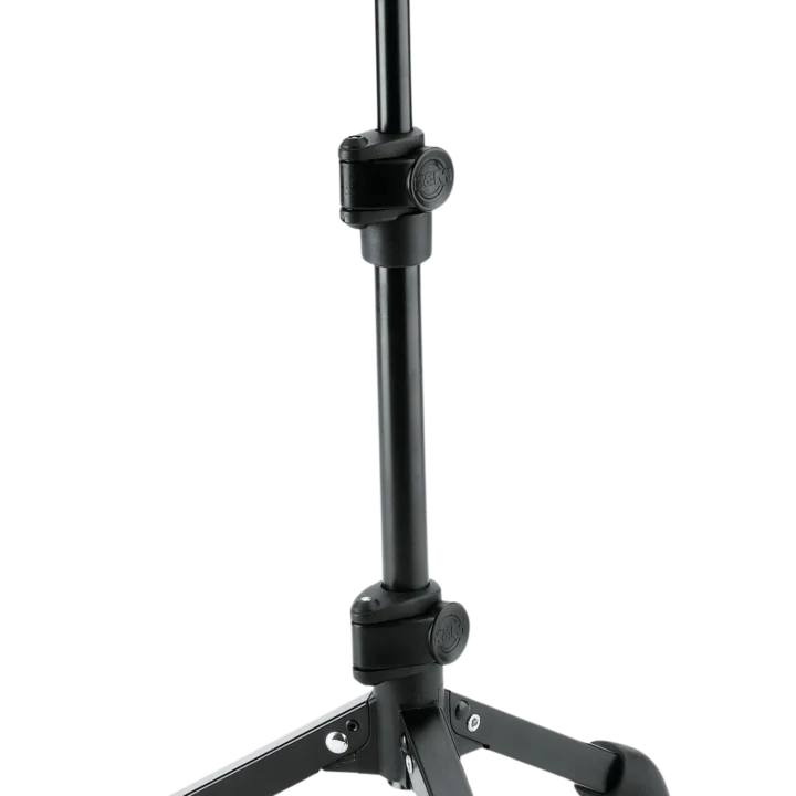 K&M tabletop microphone stand with 5/8 inch adapter, black finish, front view
