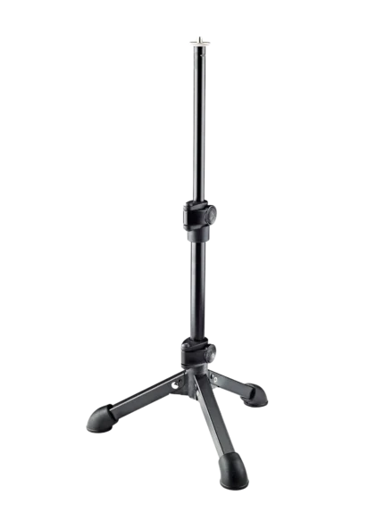 K&M tabletop microphone stand with 1/4 inch adapter, black finish, front view