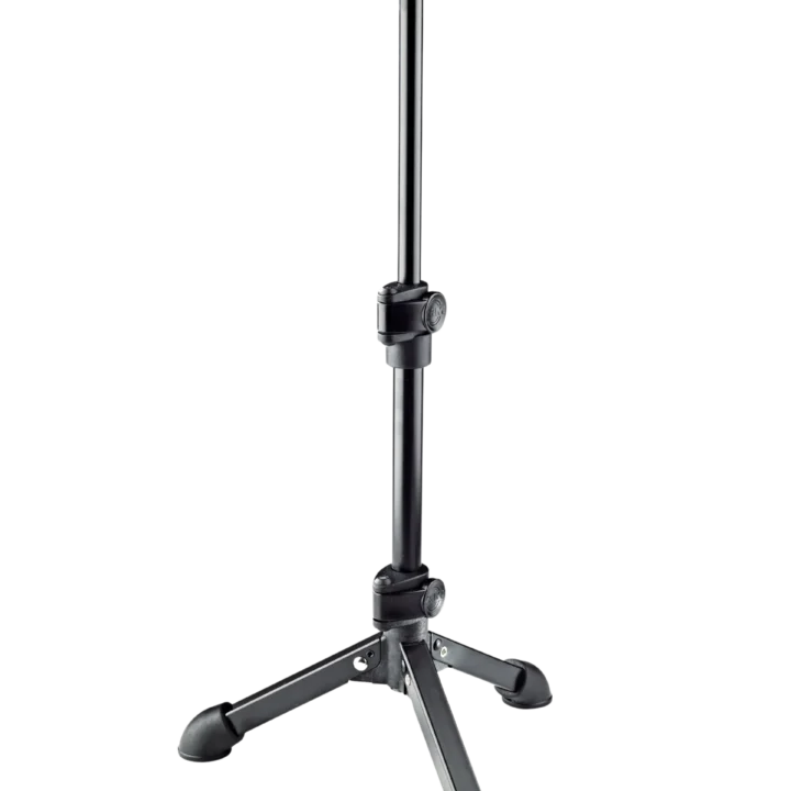 K&M tabletop microphone stand with 1/4 inch adapter, black finish, front view