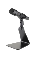 K&M tabletop microphone stand with 5/8 inch adapter, black finish, side profile showing height adjustment