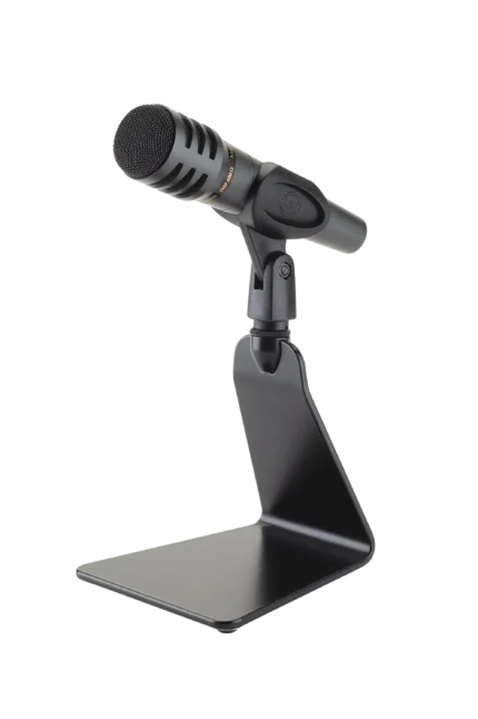 K&M tabletop microphone stand with 5/8 inch adapter, black finish, side profile showing height adjustment
