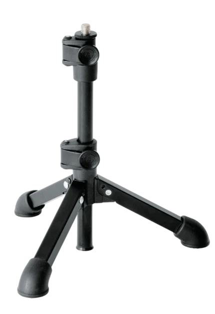K&M tabletop microphone stand with 5/8 inch adapter shown from side profile angle