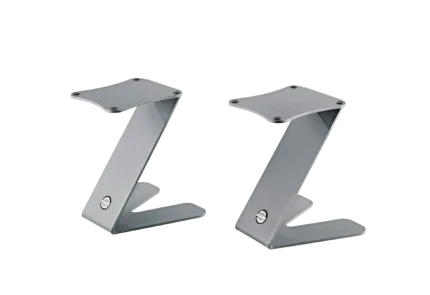 K&M tabletop monitor stands pair grey finish front view professional audio