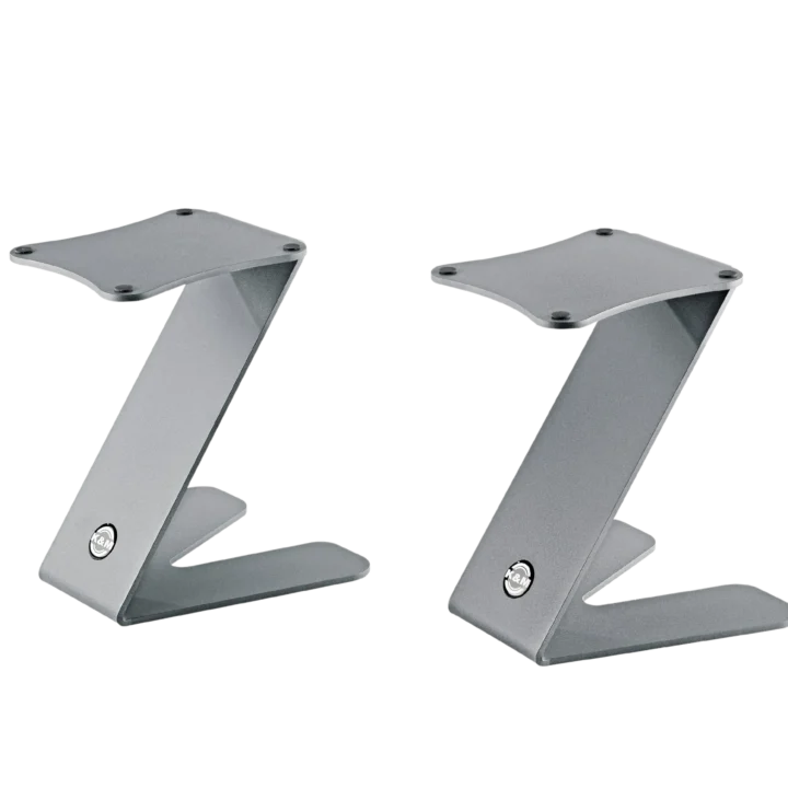 K&M tabletop monitor stands pair grey finish front view professional audio