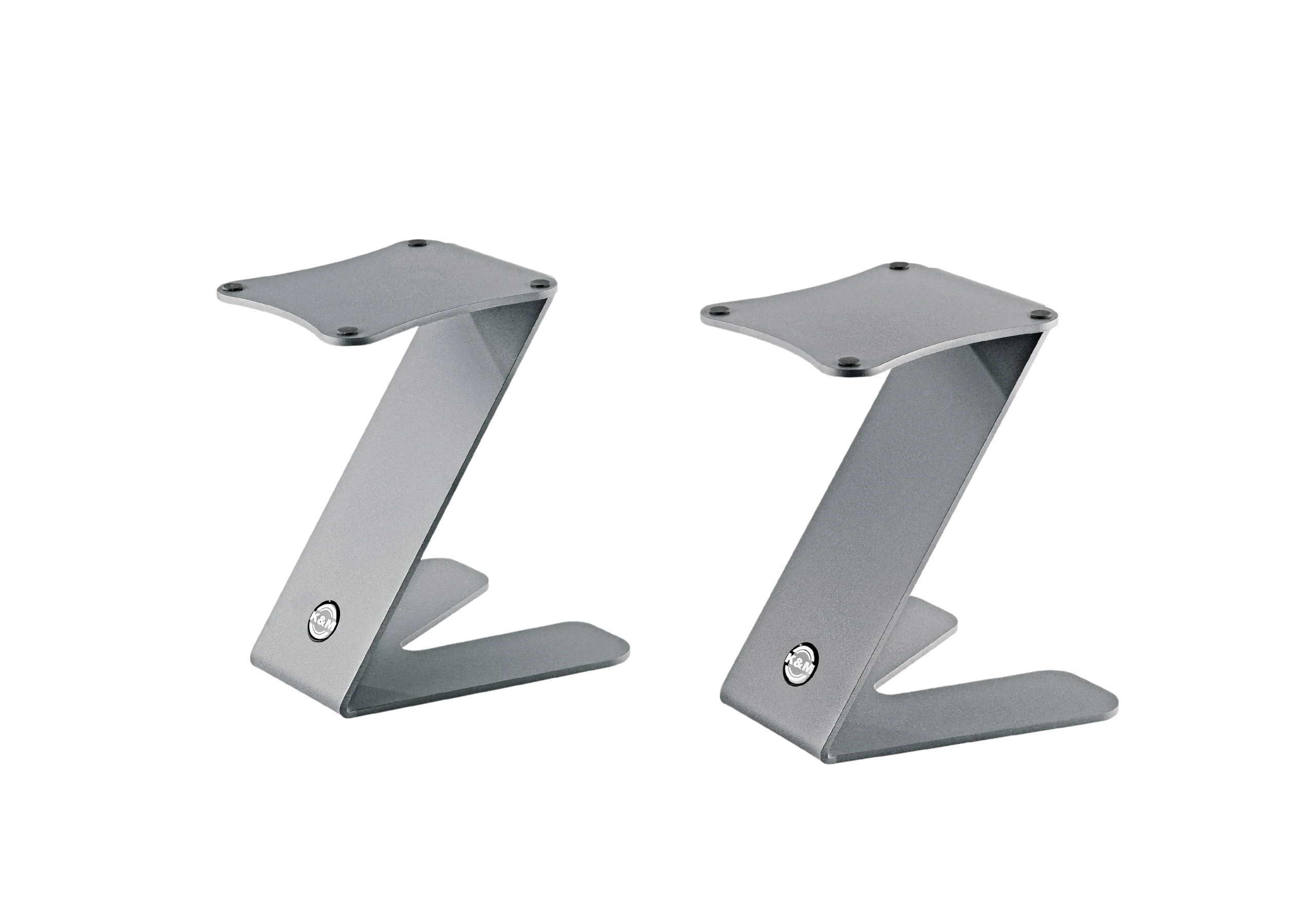 K&M Tabletop Monitor Stands Set of 2 Grey K&M tabletop monitor stands pair grey finish front view professional audio
