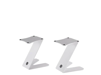 K&M tabletop monitor stands pair white finish front view professional audio