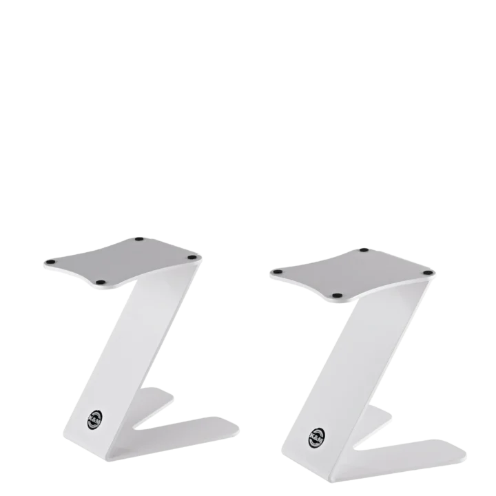 K&M tabletop monitor stands pair white finish front view professional audio