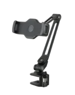 K&M tabletop tablet and smartphone holder in black, front view with adjustable mounting arms