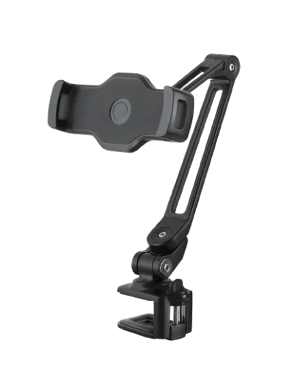 K&M tabletop tablet and smartphone holder in black, front view with adjustable mounting arms
