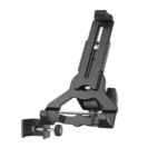 K&M universal clamp-on tablet holder in black biobased material, front view with adjustment mechanism