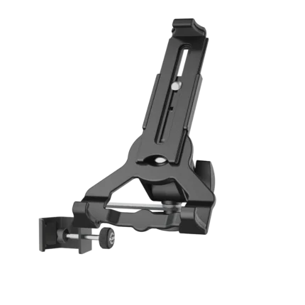 K&M universal clamp-on tablet holder in black biobased material, front view with adjustment mechanism