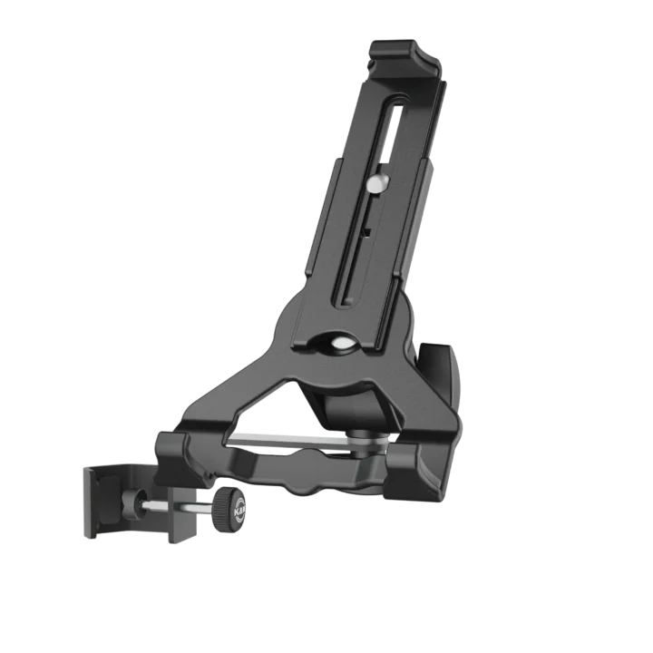 K&M universal clamp-on tablet holder in black biobased material, front view with adjustment mechanism