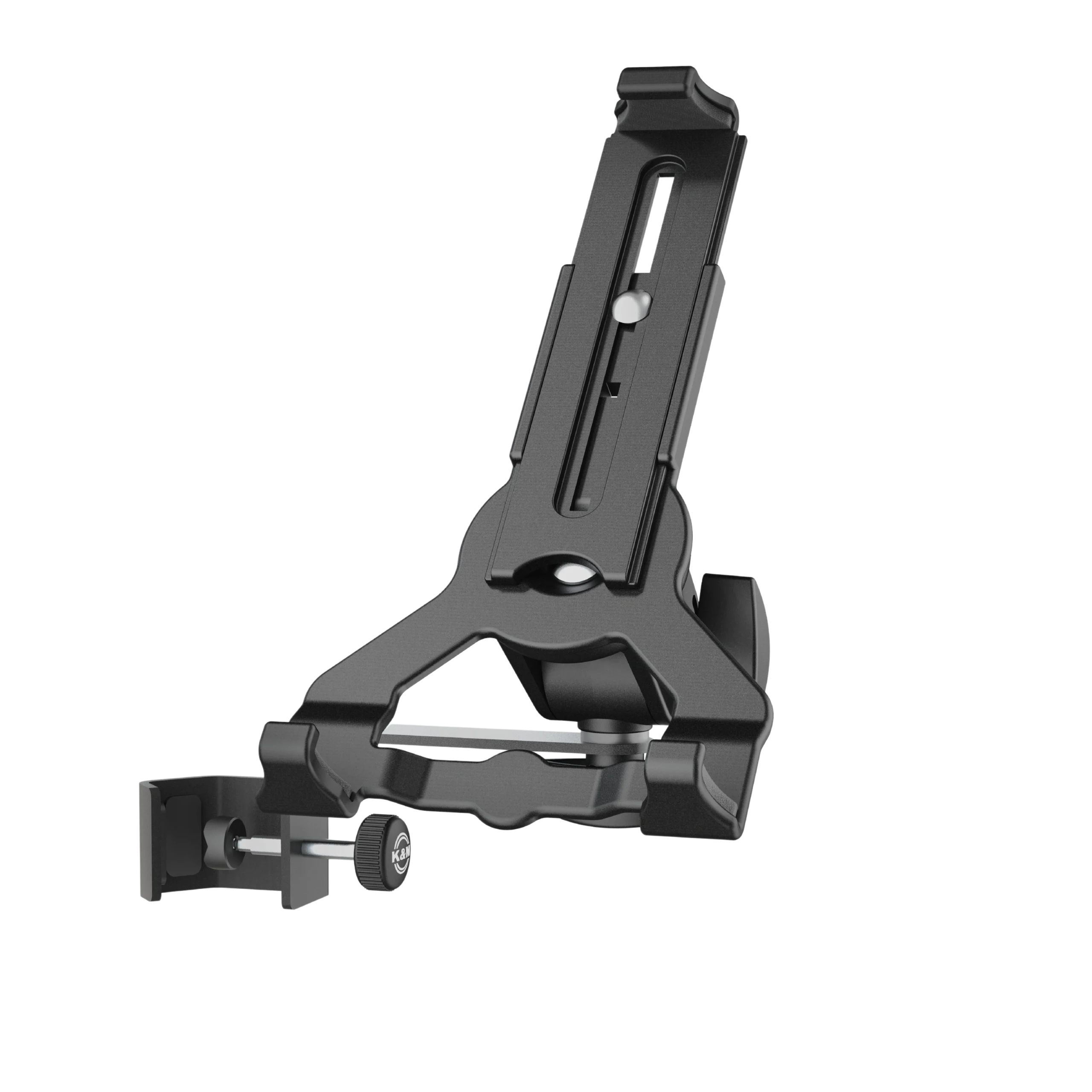 K&M Universal Clamp-on Tablet Holder Biobased Black K&M universal clamp-on tablet holder in black biobased material, front view with adjustment mechanism