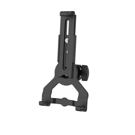 K&M universal tablet holder with microphone thread mount in black biobased material, front view
