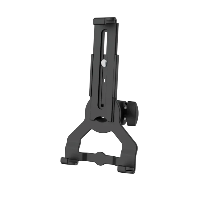 K&M universal tablet holder with microphone thread mount in black biobased material, front view