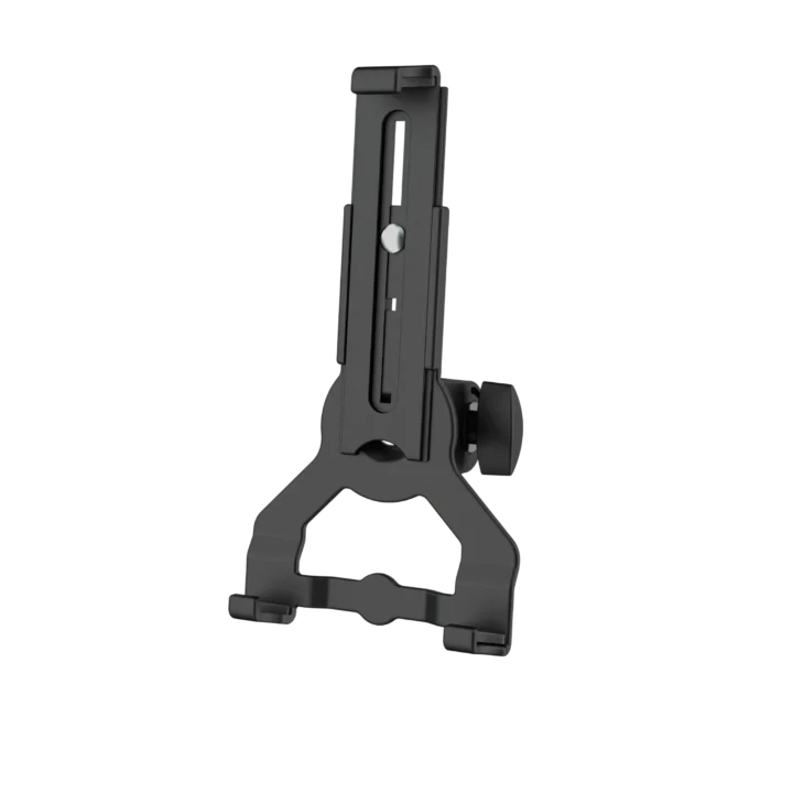 K&M universal tablet holder with microphone thread mount in black biobased material, front view