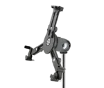 K&M universal tablet holder mounted on microphone stand with black finish and adjustable clamps
