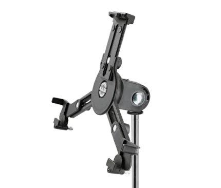 K&M universal tablet holder mounted on microphone stand with black finish and adjustable clamps
