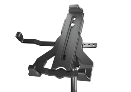 K&M universal tablet holder mounted on microphone stand with biobased black construction