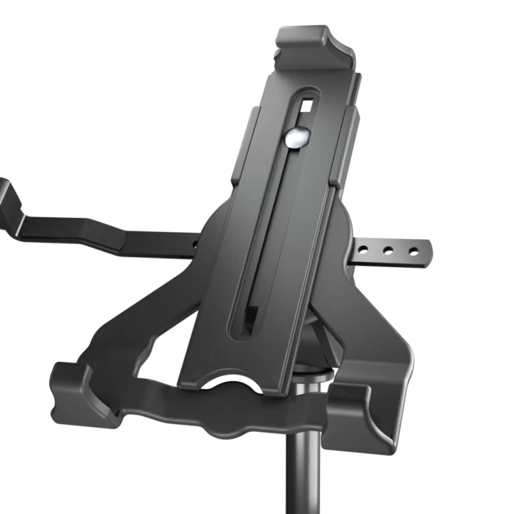 K&M universal tablet holder mounted on microphone stand with biobased black construction