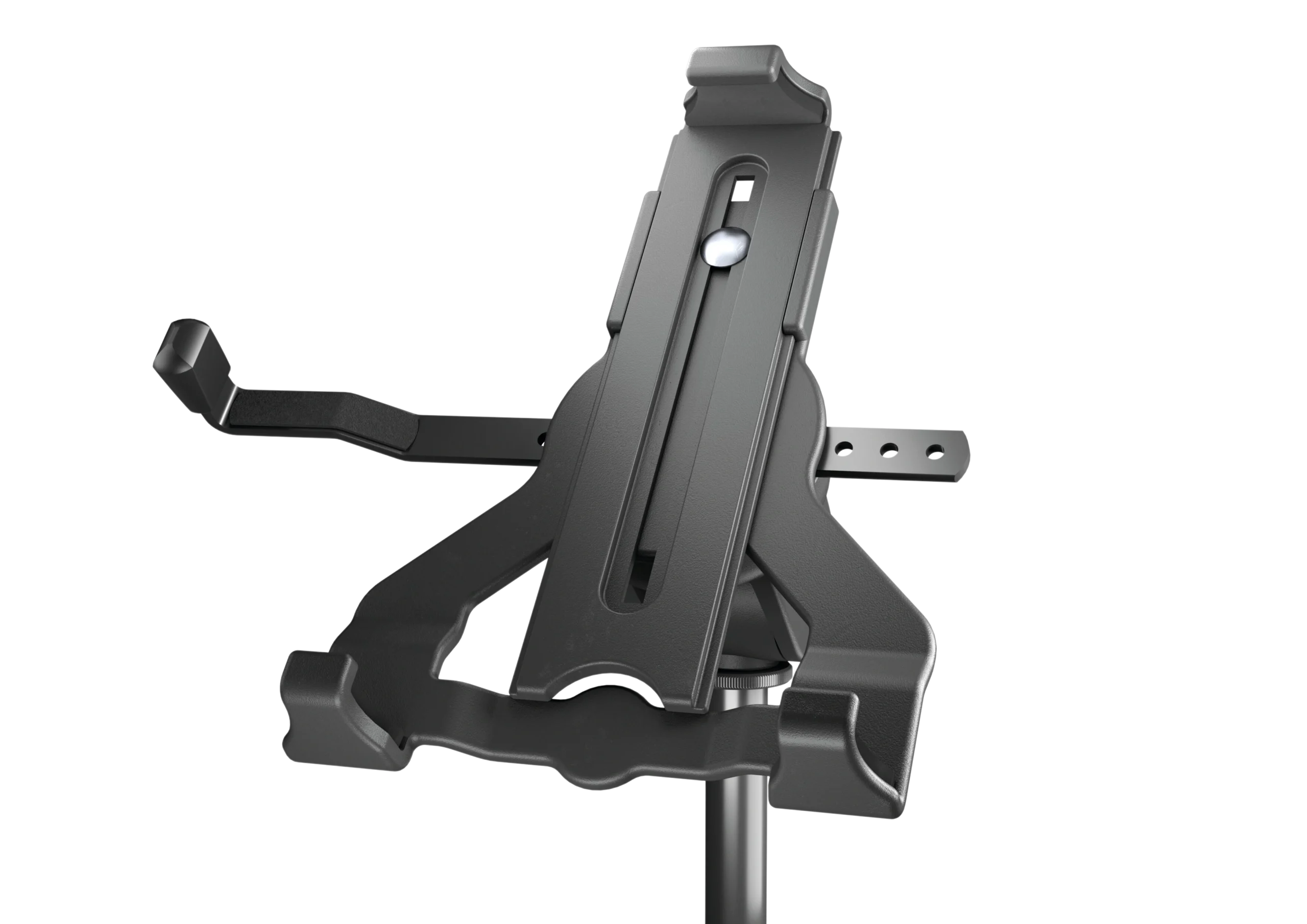 K&M Universal Tablet Holder Mic Stand Mount Black K&M universal tablet holder mounted on microphone stand with biobased black construction