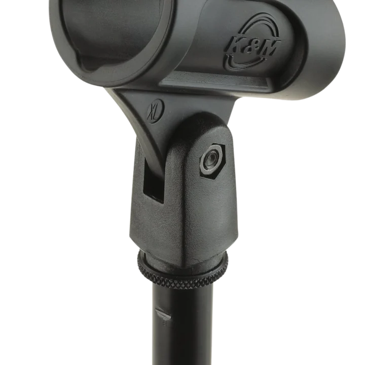 K&M wireless microphone clip in black, front view showing grip and mounting mechanism
