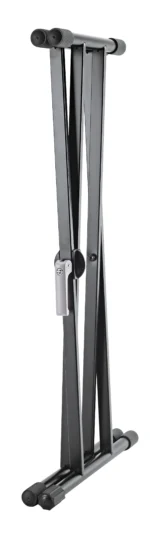 K&M X keyboard stand aluminum construction close-up detail showing adjustment mechanism and build quality