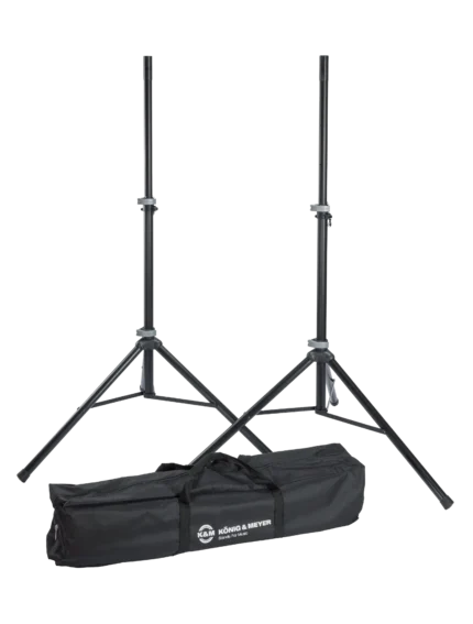 K&M 21450 speaker stands pair black with carrying case front view