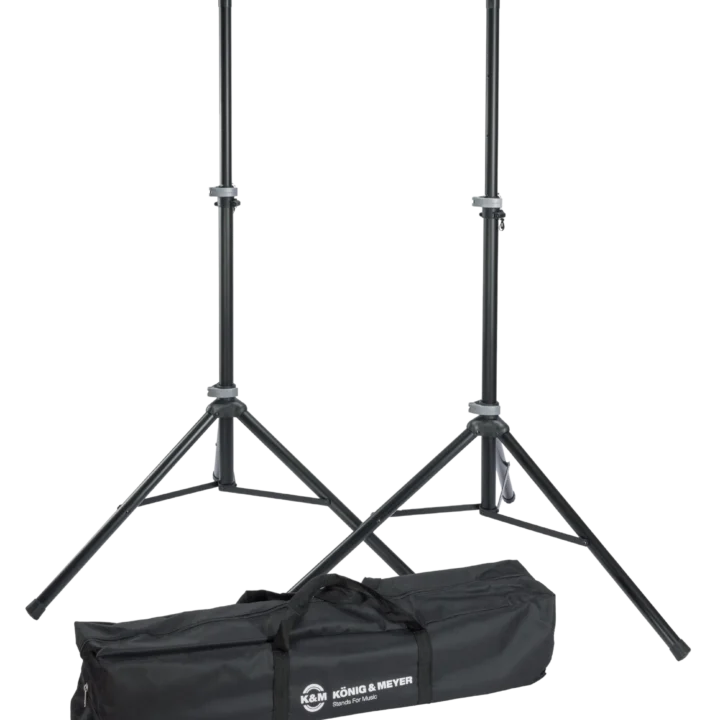 K&M 21450 speaker stands pair black with carrying case front view