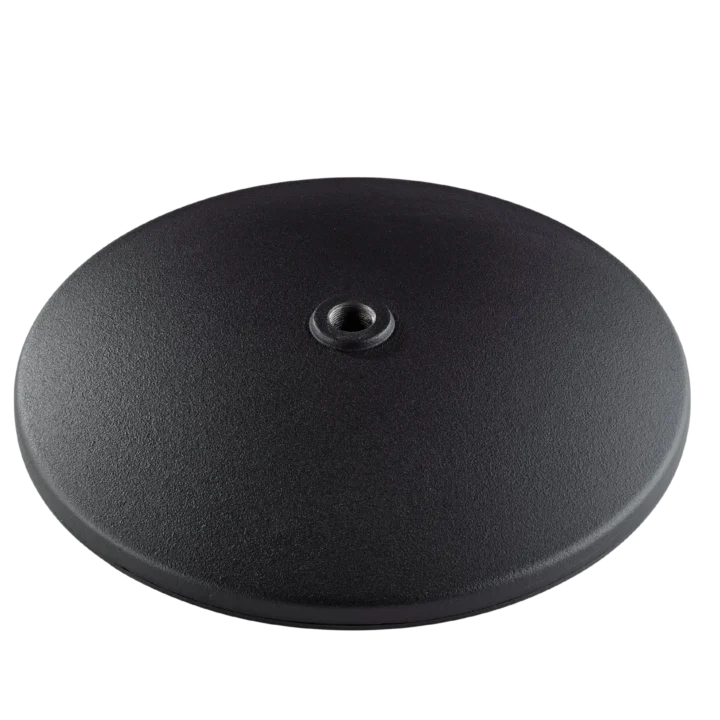 K&M heavy-duty 300mm cast microphone base with structured black finish and stable weighted design