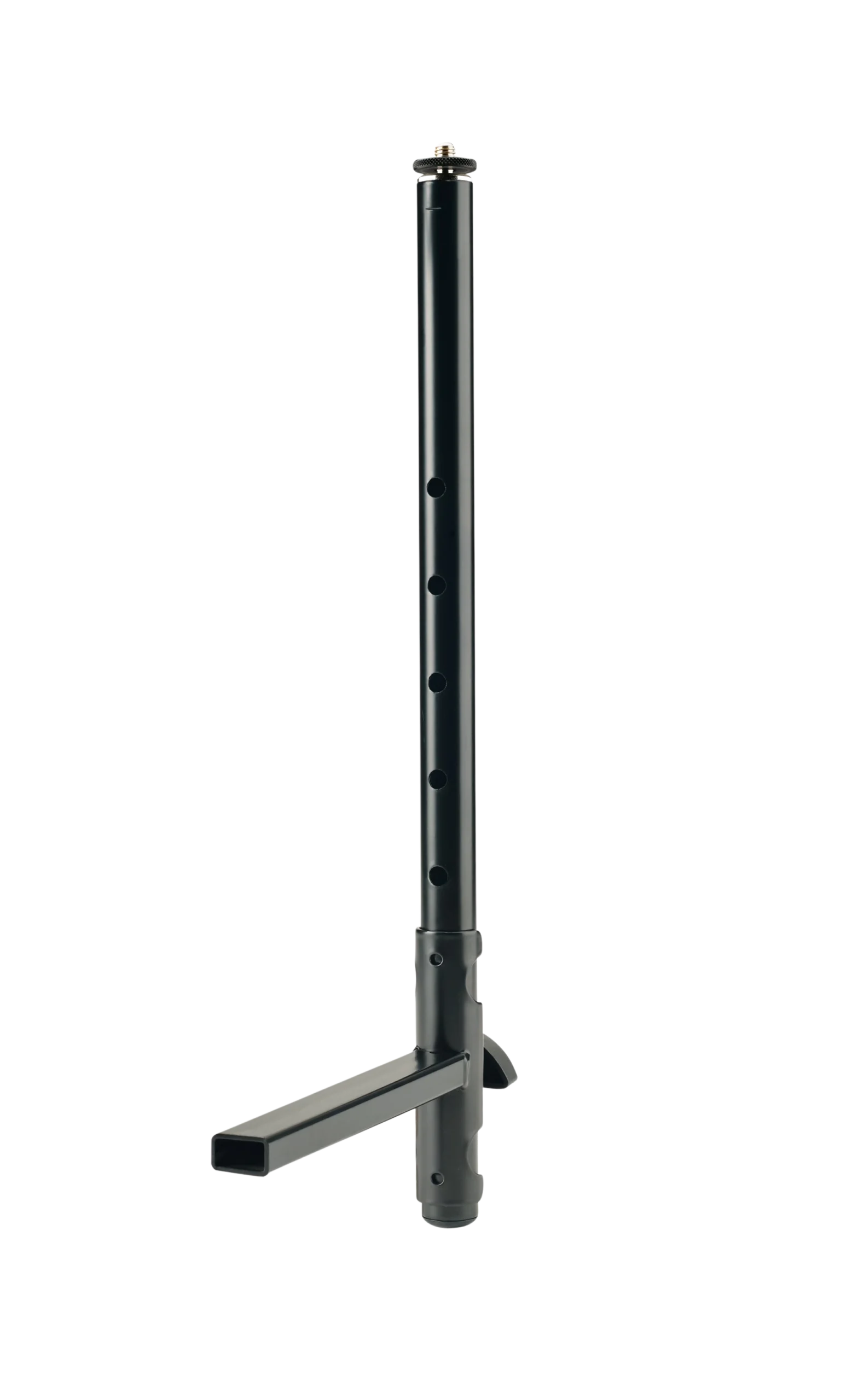 K&M Accessory Mounting Arm Black Front View K&M black accessory mounting arm with adjustable ball joint and mounting hardware