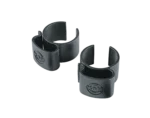 K&M black cable clamps mounted on speaker and lighting stand pole, front view