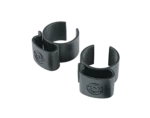 K&M black cable clamps mounted on speaker and lighting stand pole, front view