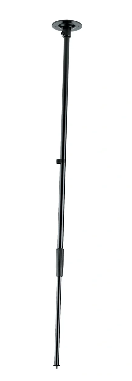 K&M black ceiling mount microphone stand with adjustable boom arm and mounting hardware
