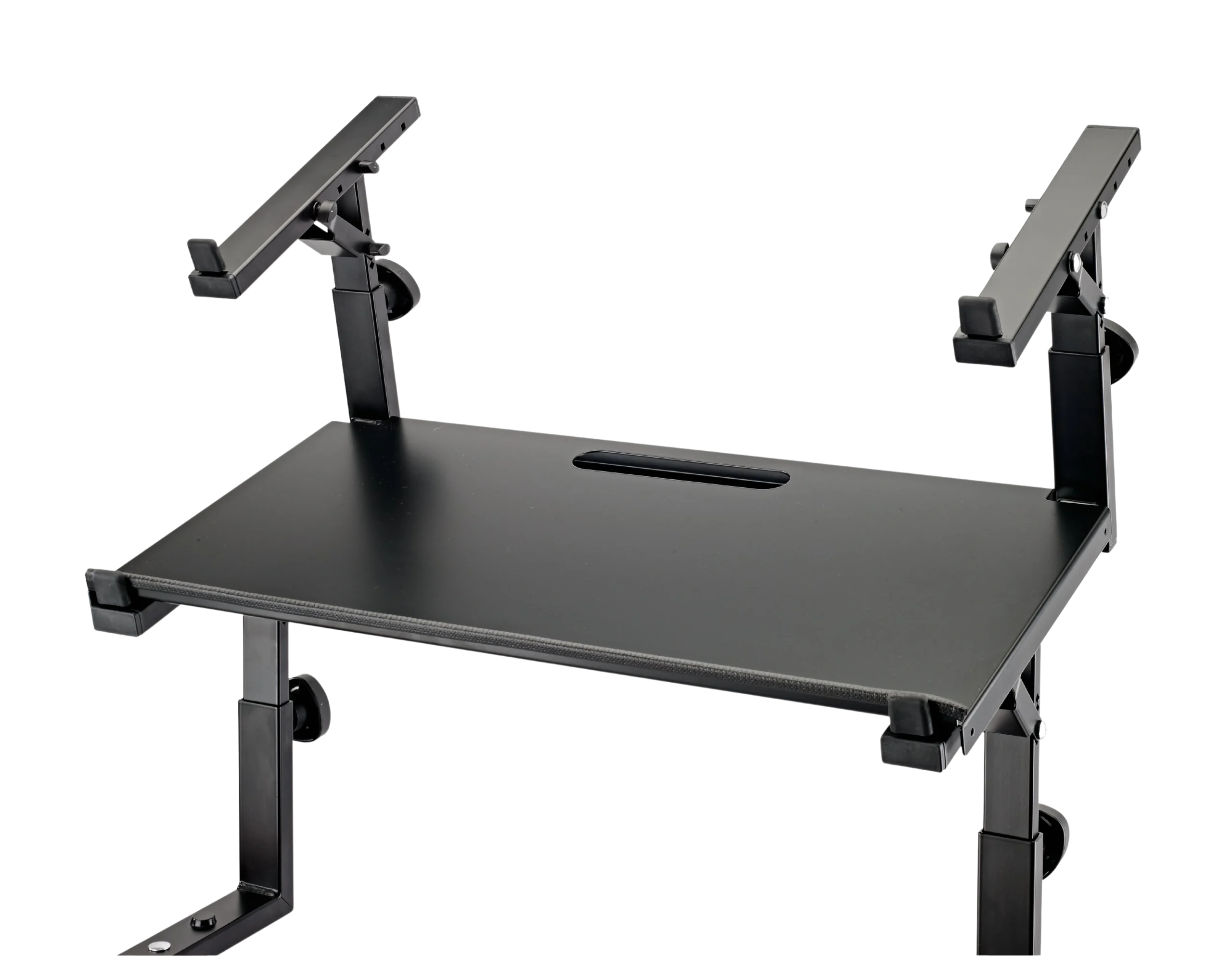 K&M Controller Keyboard Tray Black Feature Highlight K&M black controller keyboard tray with mounting hardware and adjustment features