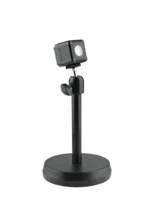 K&M desktop camera stand black finish showing adjustment mechanism and mounting plate detail