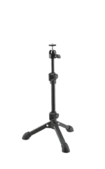 K&M desktop camera stand in black with adjustable mounting head and stable base