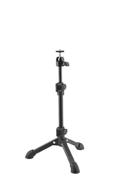K&M desktop camera stand in black with adjustable mounting head and stable base
