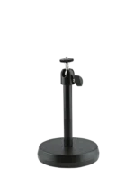 K&M desktop camera stand with black finish, adjustable mounting head and stable base